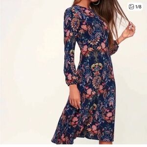 I.madeline Navy Floral Long Sleeve Dress